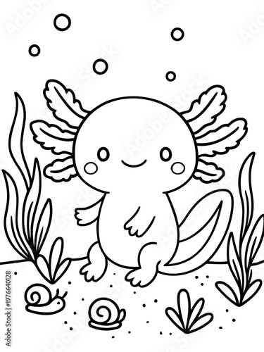 Axolotl Delight: A charming, outlined illustration of an axolotl gracefully explores its underwater world, accompanied by simple plant life.