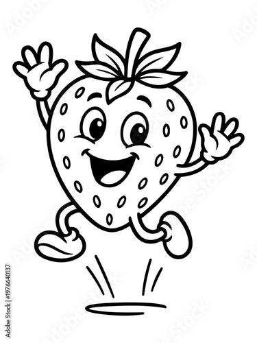 Jumping Strawberry Illustration: A cheerful strawberry with a joyful expression, leaping enthusiastically against a simple, clean backdrop, embodying vitality and fun.