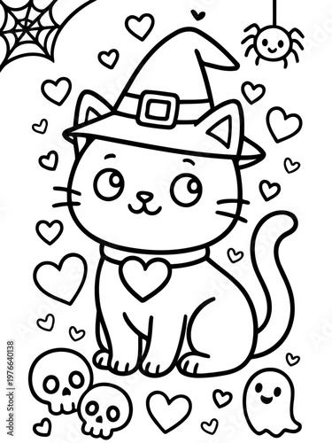 Cat Halloween Coloring Page: A cute and whimsical coloring page features a cat in a witch hat and surrounded by Halloween-themed elements such as hearts, a spider, a spider web, skulls, and a ghost.