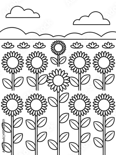 Sunflower Field Coloring Page: A charming coloring page features a field of sunflowers under a cloudy sky. The image invites creativity and relaxation. 