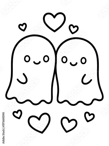 Sweet Ghosts in Love: Two endearing ghost figures, radiating affection as they snuggle amidst a flurry of heart symbols, their joy shining brightly. A heartwarming depiction of love and togetherness.