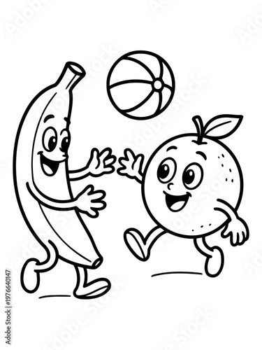 Playful Fruits at Play: In a delightful illustration, a happy banana and orange engage in a cheerful game, tossing a beach ball in the air, creating a scene of fun and amusement.