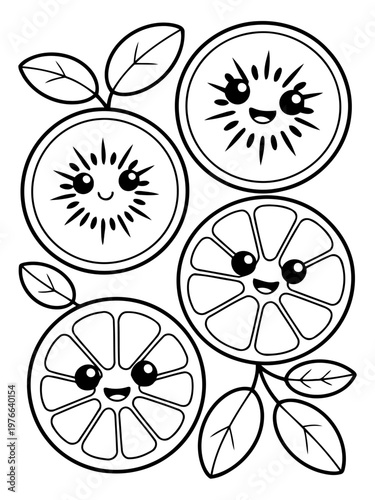 Cheerful Citrus and Kiwi: A delightful monochrome illustration of sliced citrus fruits and kiwis with charming, smiling faces, evoking a sense of playful positivity and zest.