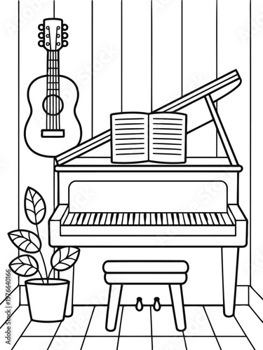 Musical Serenity: A harmonious blend of musical instruments in a calming, monochrome setting. The scene features a grand piano, a guitar, and a potted plant.
