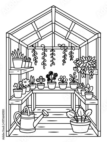 Greenhouse Oasis: An inviting illustration of a greenhouse, filled with an array of potted plants. It is a haven of botanical beauty, perfect for a gardening.
