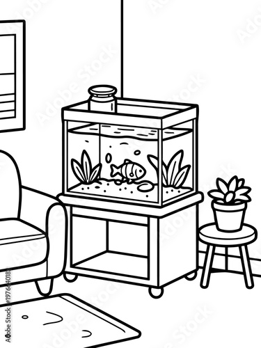 Aquarium Home Interior: A whimsical illustration of an indoor living space featuring a prominently placed aquarium filled with aquatic life. The scene is completed with cozy furniture.