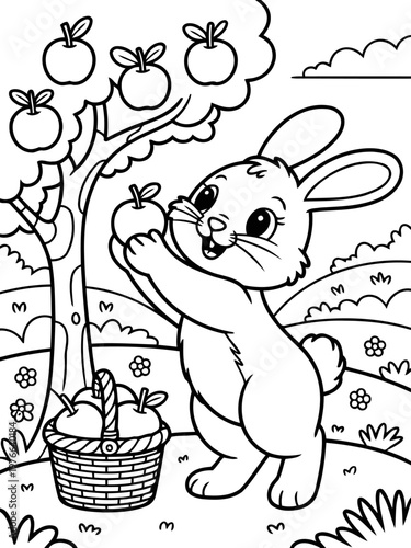Bunny's Apple Harvest: A charming illustration depicts a delightful bunny joyfully collecting apples from a tree, symbolizing the sweet reward of nature's bounty and the simplicity of harvest time.