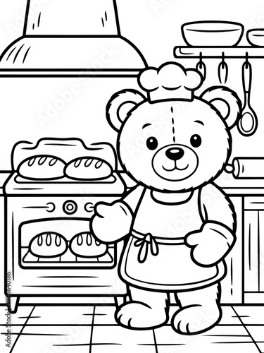 Teddy Bear Baker's Kitchen: In a cozy kitchen setting, a delightful teddy bear baker, donned in a chef's hat and apron, stands beside a warm oven, presenting freshly baked bread.