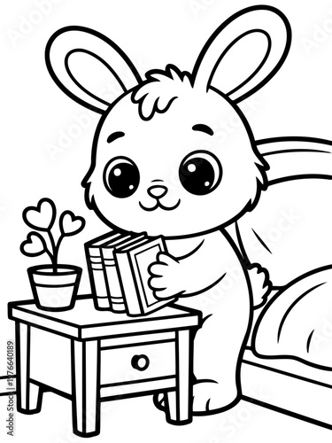 Bunny reading at the bedside: A cute bunny with an attentive gaze, stands near a nightstand adorned with a plant, and holds some books.
