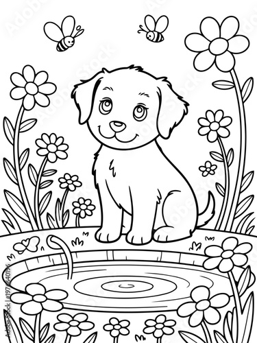 Puppy's Serene Daydream: A captivating, black and white illustration of a puppy lost in thought within a blossoming garden, butterflies flitting about. 