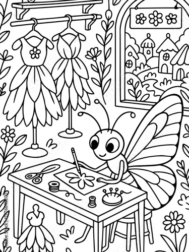 Whimsical Tailor: A delightful illustration showcases a charming butterfly crafting intricate designs within a cozy atelier, surrounded by delicate dresses and nature-inspired motifs.