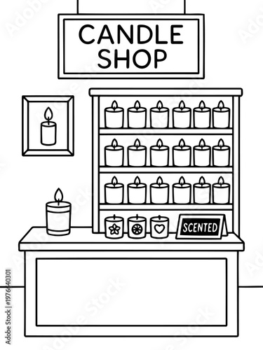 Candle Shop Illustration: A detailed illustration captures the essence of a charming candle shop, showcasing a variety of scented candles neatly arranged on shelves and display tables.
