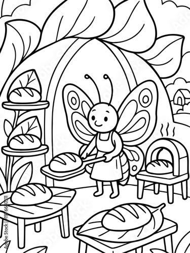 Butterfly Baker's Baking Bliss: A whimsical illustration depicts a butterfly baker, in its baking journey, taking a loaf of freshly baked bread from the oven. Surrounded by fresh breads.