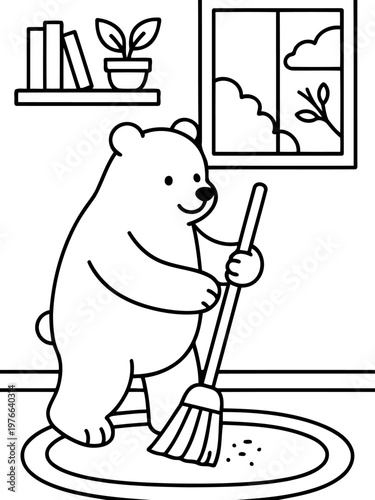 Bear Cleaning: A charming bear diligently sweeps the floor in a tidy room, illustrating the simple joys of maintaining a clean and orderly space.