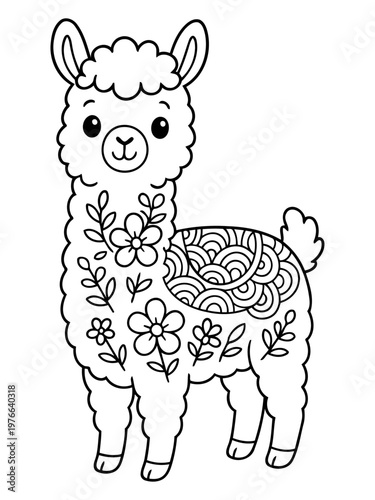 Llama in Bloom: An adorable llama illustration adorned with intricate floral and circular patterns, exuding a sense of whimsy and charm.
