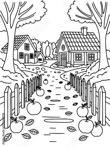 Autumnal Path to Home: A charming, hand-drawn illustration depicting a serene rural landscape in autumn. A path, lined with a wooden fence and dotted with fallen apples and leaves.