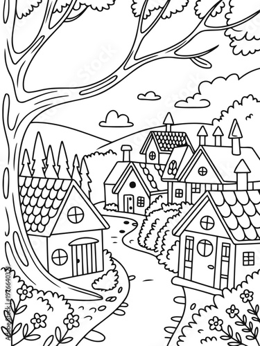 Tranquil Village Illustration: A peaceful, hand-drawn illustration depicting a charming village nestled amidst lush, rolling hills, inviting the viewer into a world of simple beauty.