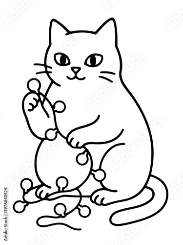 Playful Feline's Festive Fun: A whimsical line drawing captures a curious cat tangled in a string of holiday lights, embodying the joy and anticipation of festive moments.