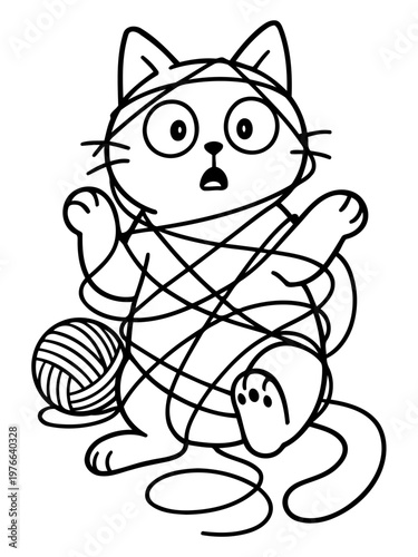 Kitten and Tangled Yarn: A surprised cartoon kitten finds itself hilariously entangled in a web of yarn, a playful illustration capturing a moment of playful chaos.
