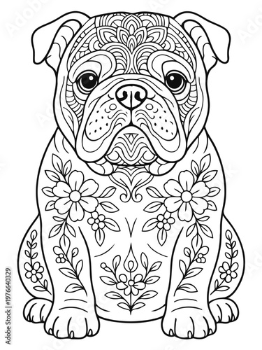 Bulldog art illustration: A charming illustration captures the detailed portrait of a bulldog, beautifully embellished with intricate patterns.