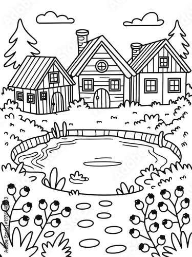 Village serenity: Charming illustration of a tranquil village featuring picturesque houses nestled around a serene pond, offering a glimpse into peaceful rural life.