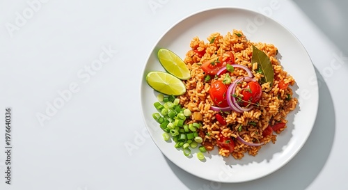 Professional image of Cameroonian Jollof rice, loose reddish grains with visible tomatoes and spices, served on a modern white plate with lime slices and fresh scallions on the side.