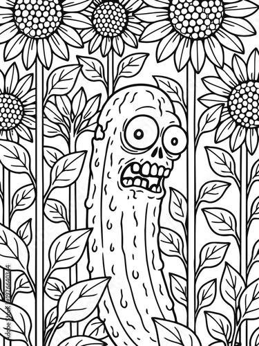 Pickle Rick in Sunflower Field: A monochrome illustration of Pickle Rick, surrounded by blooming sunflowers, his shocked expression contrasting with the vibrant garden.