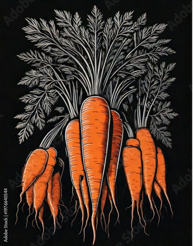Freshly Harvested Carrots with Green Tops Intricate Illustration.