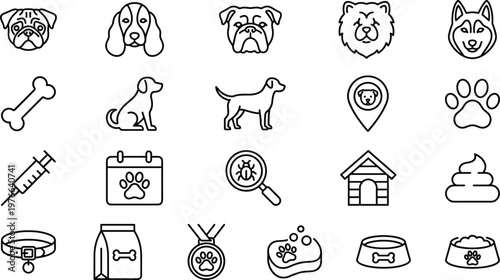 Pet care icons set dog animals veterinary clinic supplies outline vector illustration collection pet shop grooming design elements pack