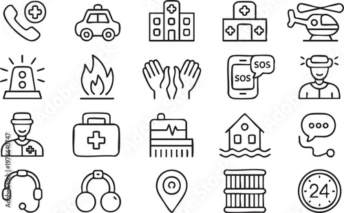 Minimal Emergency Services Icons for Medical and Disaster Situations