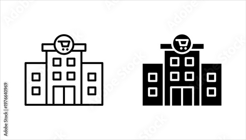 Shopping centre linear icon set. Mall building. Supermarket symbol. vector illustration on white background