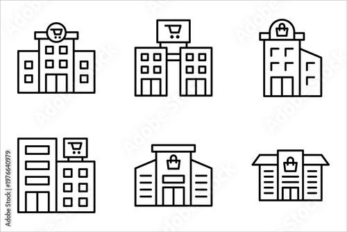 Shopping centre linear icon set. Mall building. Supermarket symbol. vector illustration on white background