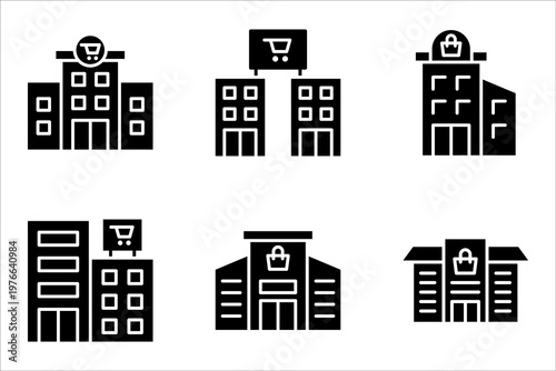 Shopping centre linear icon set. Mall building. Supermarket symbol. vector illustration on white background