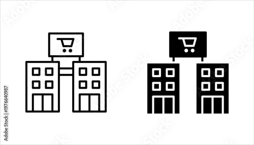 Shopping centre linear icon set. Mall building. Supermarket symbol. vector illustration on white background