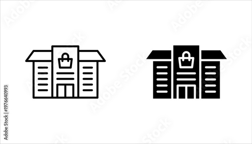 Shopping centre linear icon set. Mall building. Supermarket symbol. vector illustration on white background