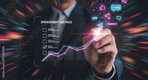 Social media engagement metrics and data analysis showing businessman drawing growth chart with like and share icons