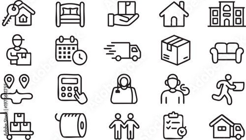 Minimal Real Estate and Logistics Icons for Housing and Moving Concepts