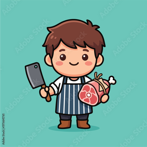 Boy holding meat and cleaver.