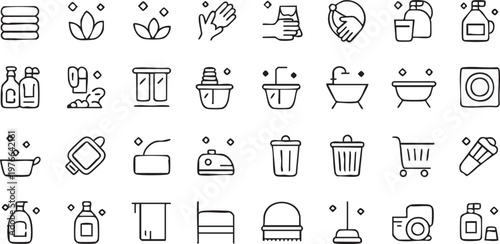 Cleaning and Household Line Icons Set for Laundry and Hygiene Design