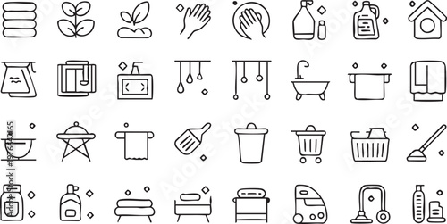 Minimal Home Cleaning and Laundry Outline Icons Collection