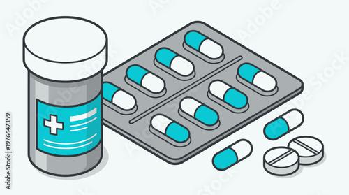 Isometric Medical Prescription Illustration with Pill Bottle, Blister Pack, and Capsules