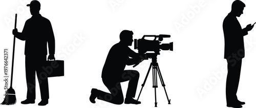 Worker cameraman and businessman silhouettes set cleaning filming mobile use black shadow vector illustration collection people activity design