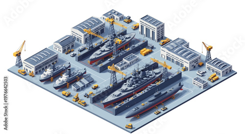 Isometric vector illustration shows a 3D military base with various naval vessels docked in a shipyard, complete with support buildings and cranes, rendered in a clean, modern style