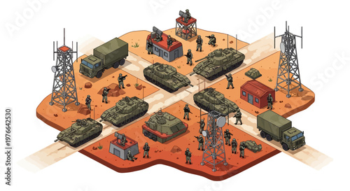 Isometric 3D military base illustrations showcase tanks, trucks, and personnel in a vector design on a tan landscape with communication towers, rendered from a high angle, conveying a sense