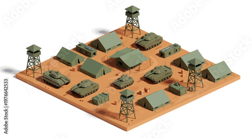 Isometric 3D military base illustration featuring army tanks, watchtowers, and tent structures on a desert-colored platform, rendered in a simple vector style against a clean white