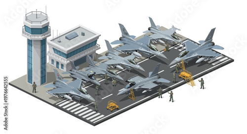 Isometric 3D military vector illustration showcasing an airbase with fighter jets parked on the runway, alongside a control tower and support vehicles, rendered with clean lines