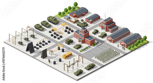 Isometric 3D military vector illustration showcases a detailed military base design, featuring various buildings, tanks, and training grounds in a structured layout, all rendered