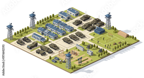 Isometric 3D illustration showing a military base design with vector graphics featuring tanks, buildings, and guard towers arranged on a detailed terrain, presented in a clean, modern style