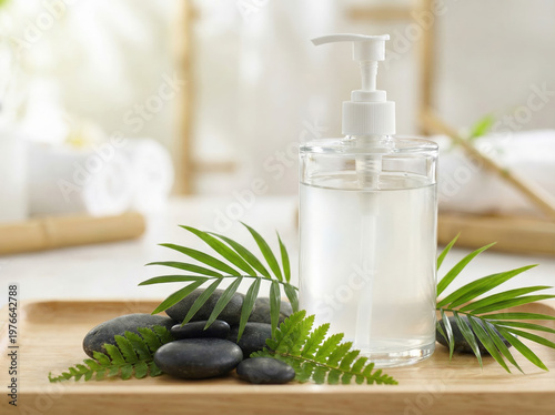 Spa Liquid Dispenser with Stones and Green Leaves on Wooden Tray wellness beauty