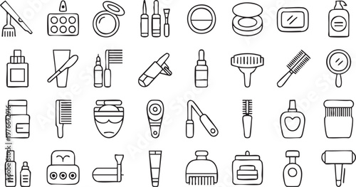 Beauty Salon Tools and Cosmetics Line Icons Set for Makeup and Haircare